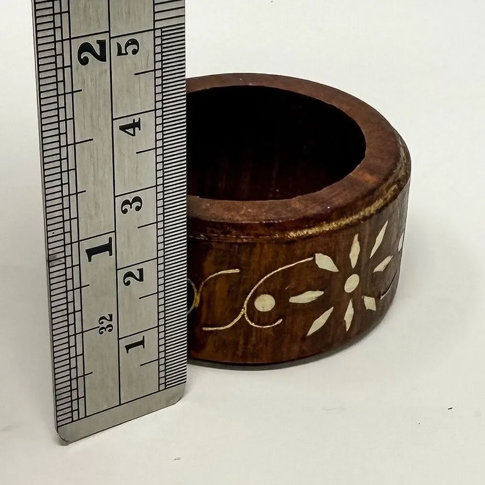 Vintage Wooden Flower Inlay Made In India Napkin Rings Set Of Four